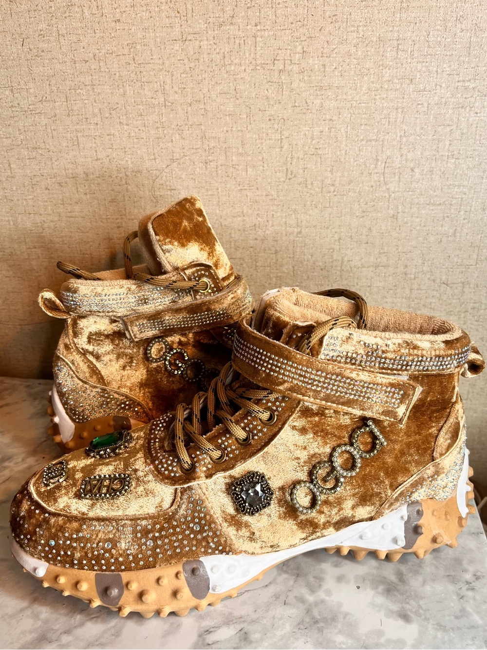 Taxi Gold Velvet Jeweled High-Top Sneakers